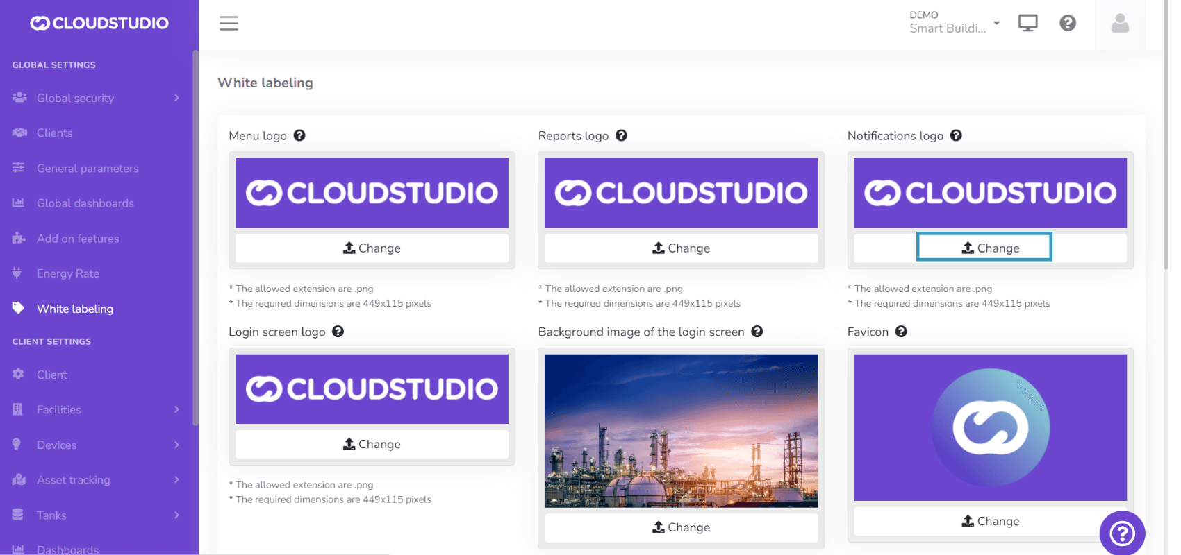 Page Marque blanche avec le bouton Modifier du logo des notifications en surbrillance