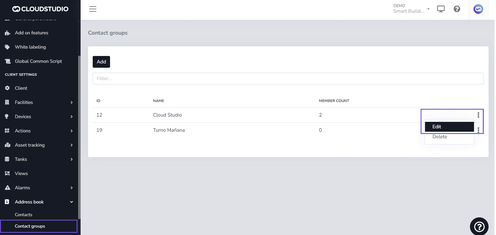 Liste des groupes de contacts avec le menu contextuel ouvert et l'option Modifier en évidence