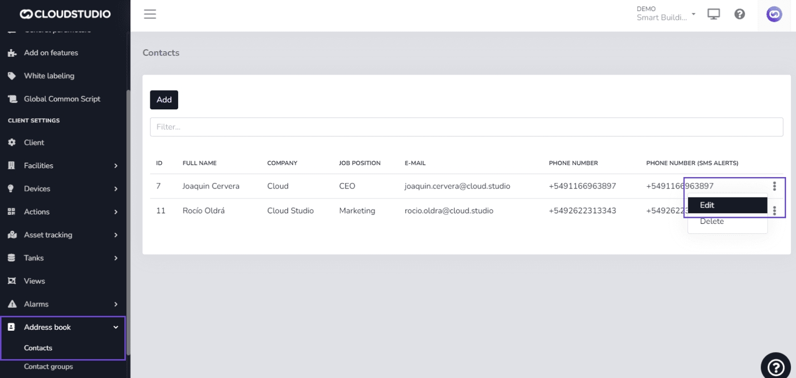 Liste des contacts avec le menu contextuel ouvert pour modifier un contact
