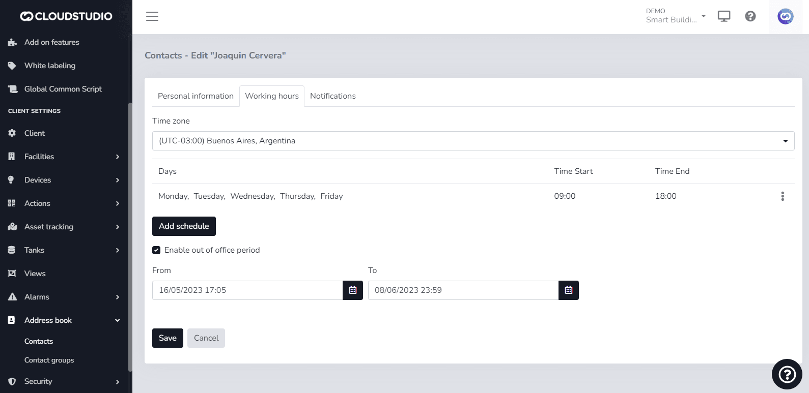 Onglet Heures de travail pour configurer les horaires et la période d'absence d'un contact