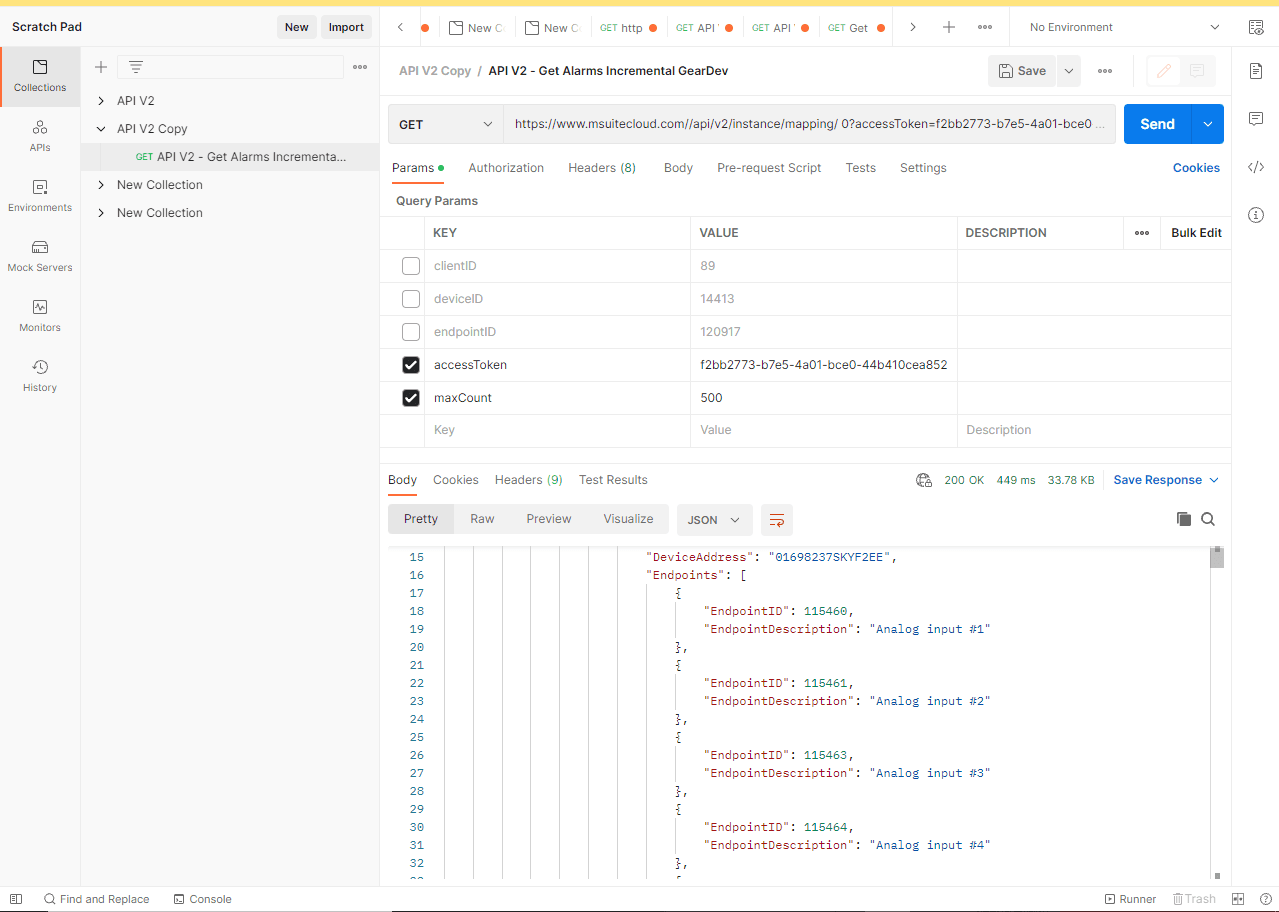 Postman-Abfrage mit der JSON-Antwort samt Liste der Variablen und Endpunkte