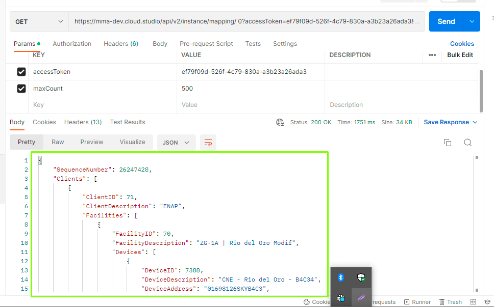 GET-Anfrage an die Instanz-Mapping-API mit JSON-Antwort einschließlich SequenceNumber