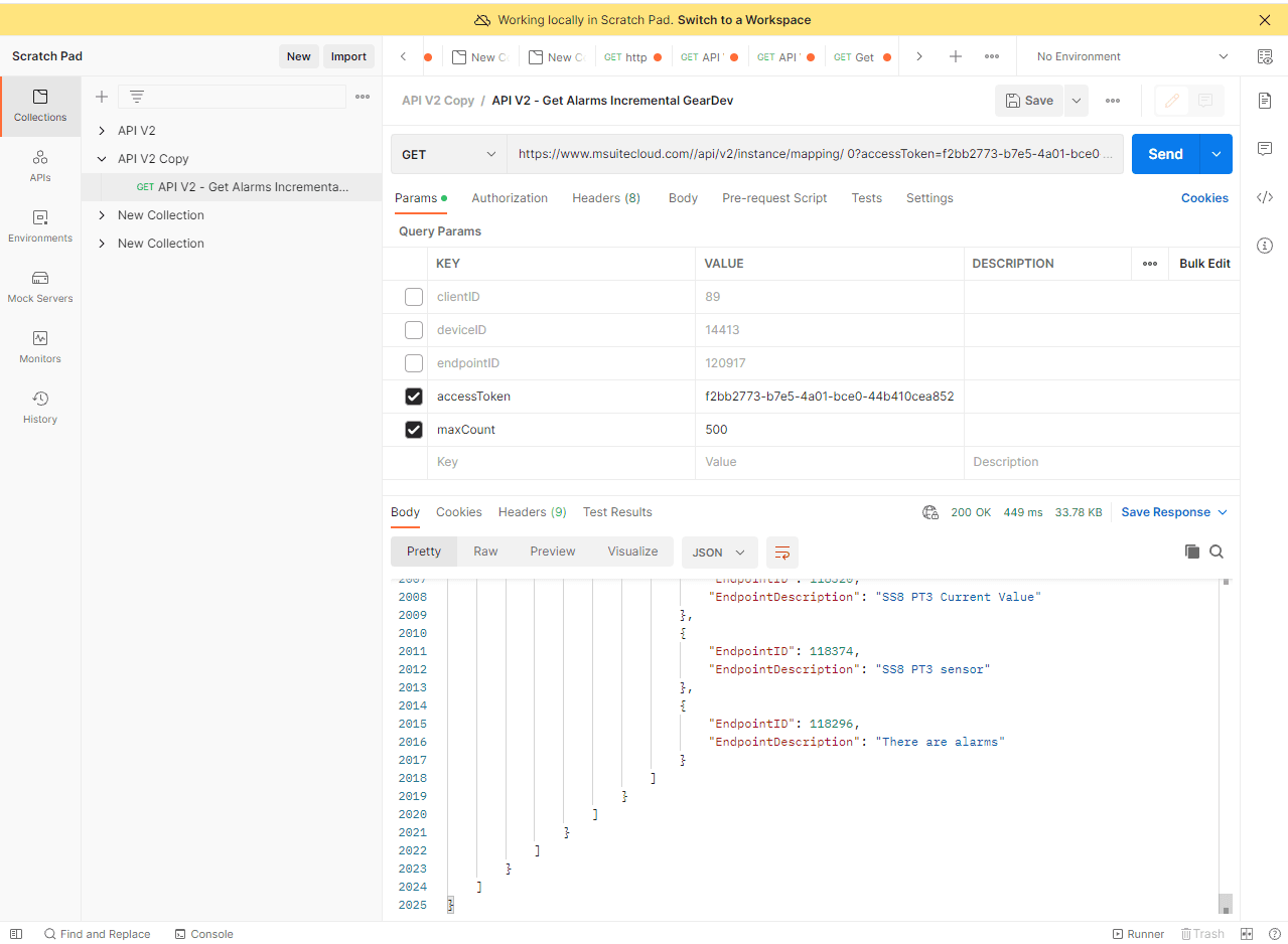 JSON-Antwort in Postman mit der Liste der Variablen und Endpunkte der Abfrage