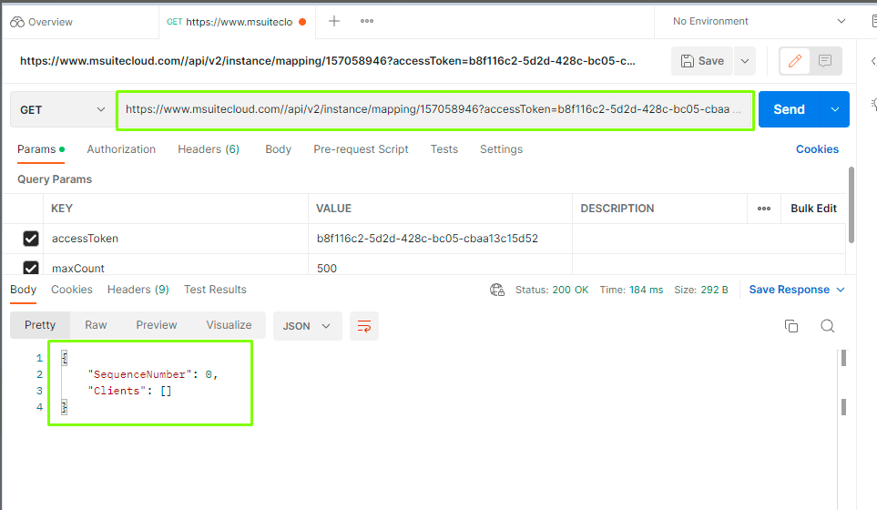 GET-API-Anfrage mit leerer Antwort und SequenceNumber auf null