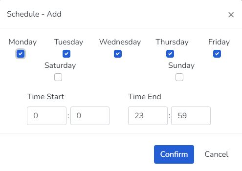 Boîte de dialogue pour configurer les jours et plages horaires de réception des alertes