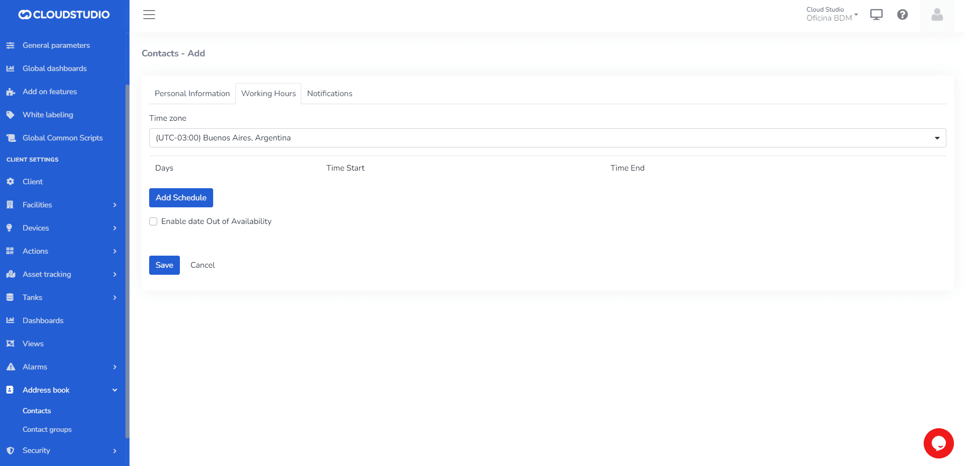 Onglet Horaires de travail pour configurer le fuseau horaire et la disponibilité du contact