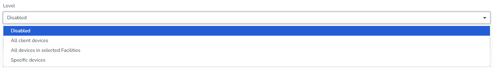Menu déroulant Niveau avec les options d'attribution d'appareils pour les notifications