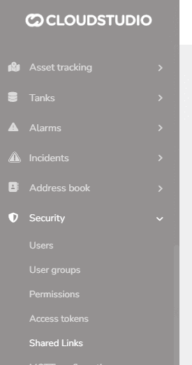 Seitenmenü mit der Option Shared Links im Bereich Security
