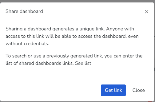 Dialogfenster zum Teilen des Dashboards mit der Schaltfläche Link abrufen