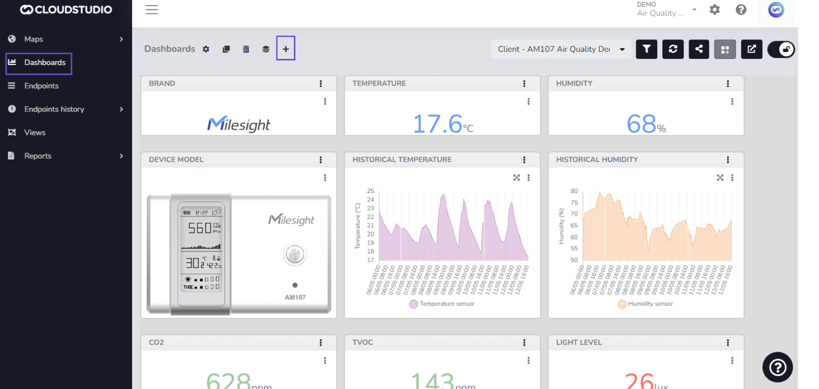 Écran Dashboards avec le bouton Ajouter un élément mis en évidence dans la barre supérieure