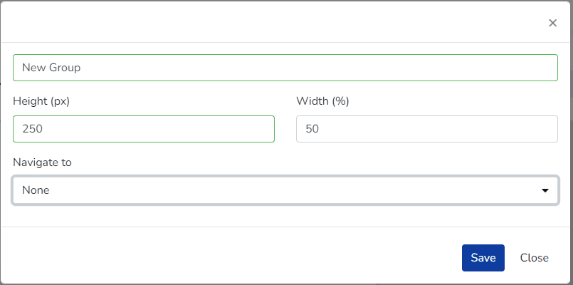 Boîte de dialogue pour ajouter un nouveau groupe avec champs de nom dimensions et navigation