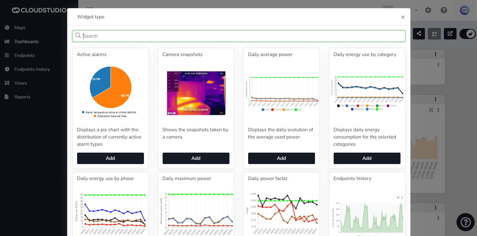 Fenêtre modale affichant les différents widgets disponibles à ajouter au tableau de bord