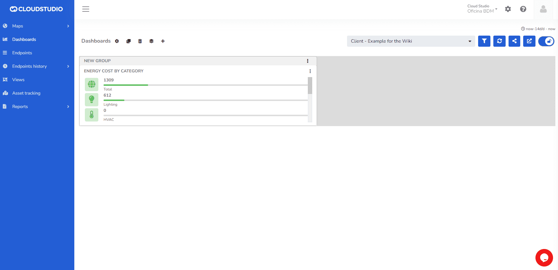 Tableau de bord affichant un widget de coût énergétique dans un groupe