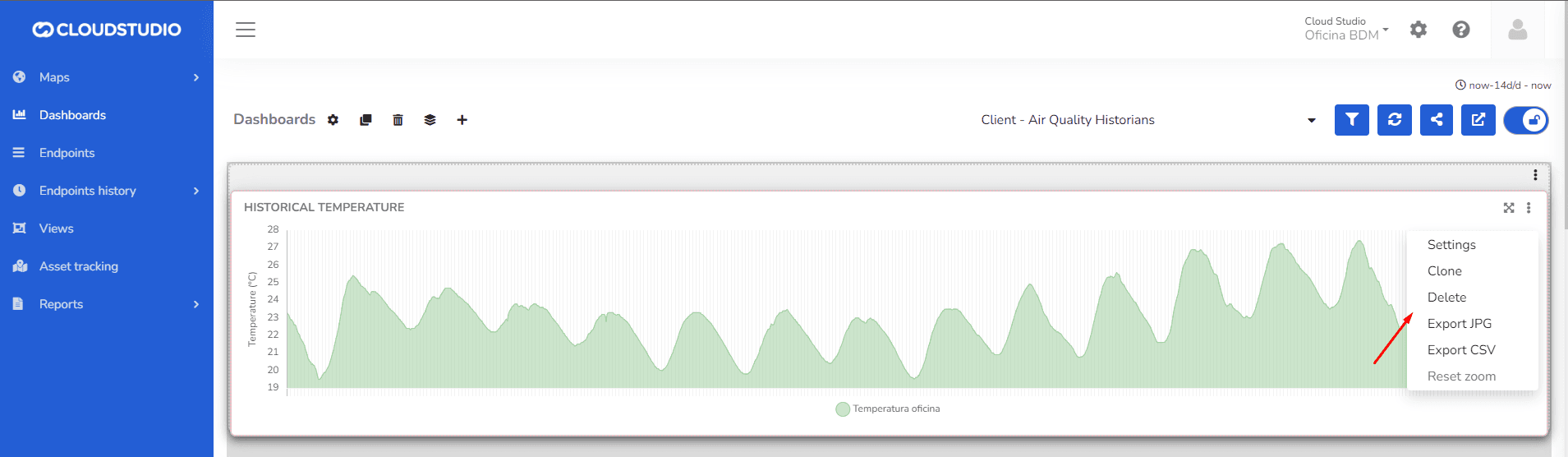 Dropdown-Menü mit Bearbeitungs- und Exportoptionen für ein Diagramm-Widget