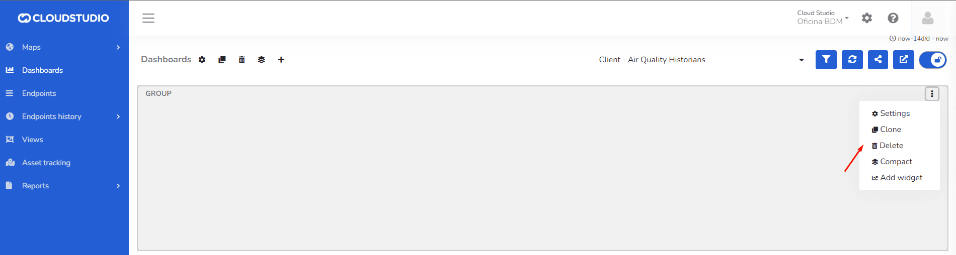 Optionsmenü einer Gruppe in Dashboards mit Pfeil auf die Option Delete
