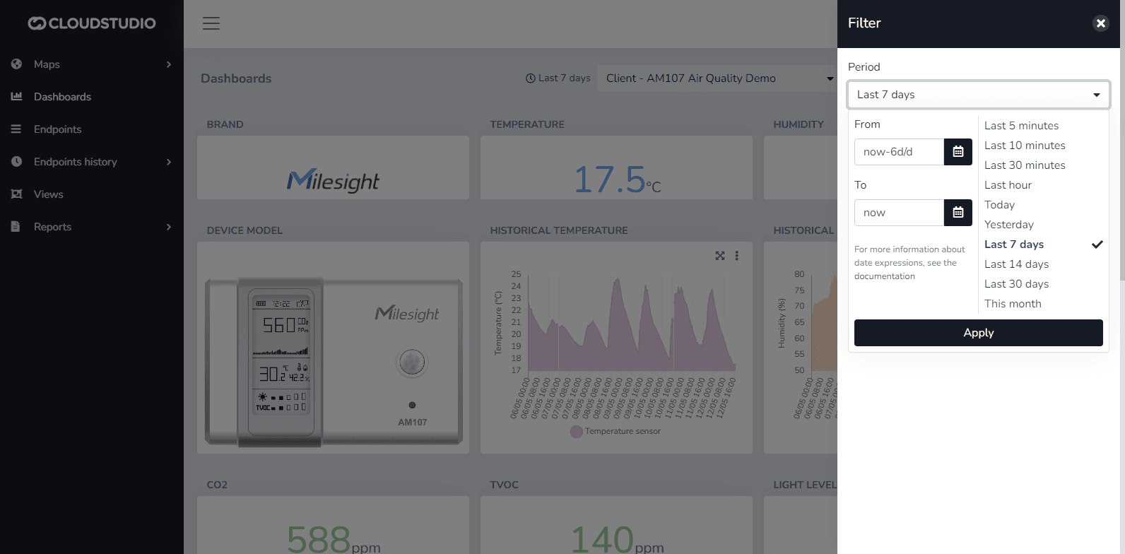 Filter-Seitenleiste zur Auswahl des Zeitraums in Dashboards
