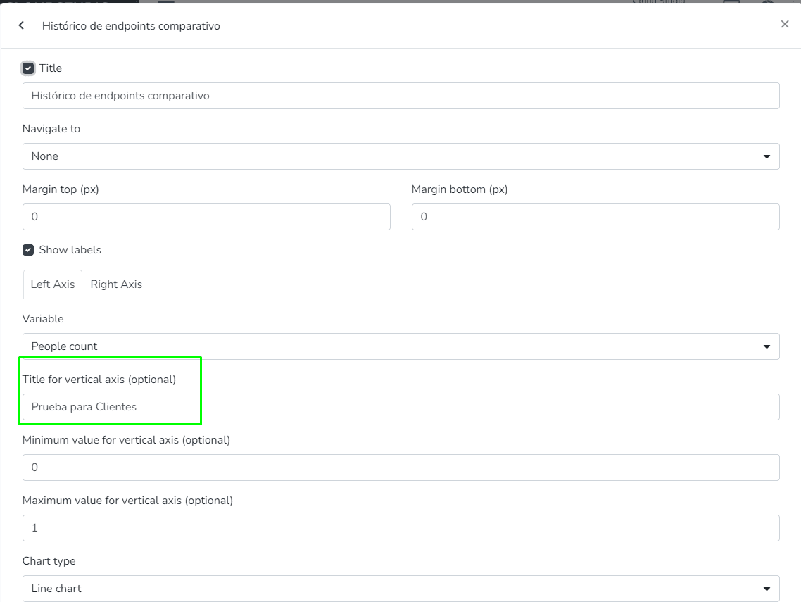 Formulaire de configuration du widget mettant en valeur le champ du titre de axe vertical