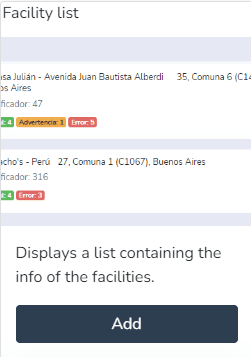 Aperçu et bouton pour ajouter le widget Facility list