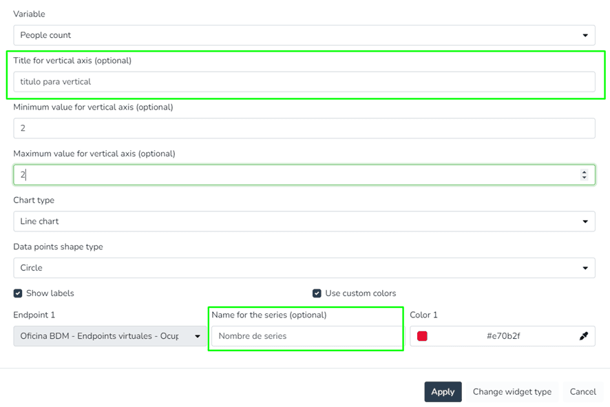 Paramètres du widget avec les champs titre de l'axe vertical et nom de série en évidence