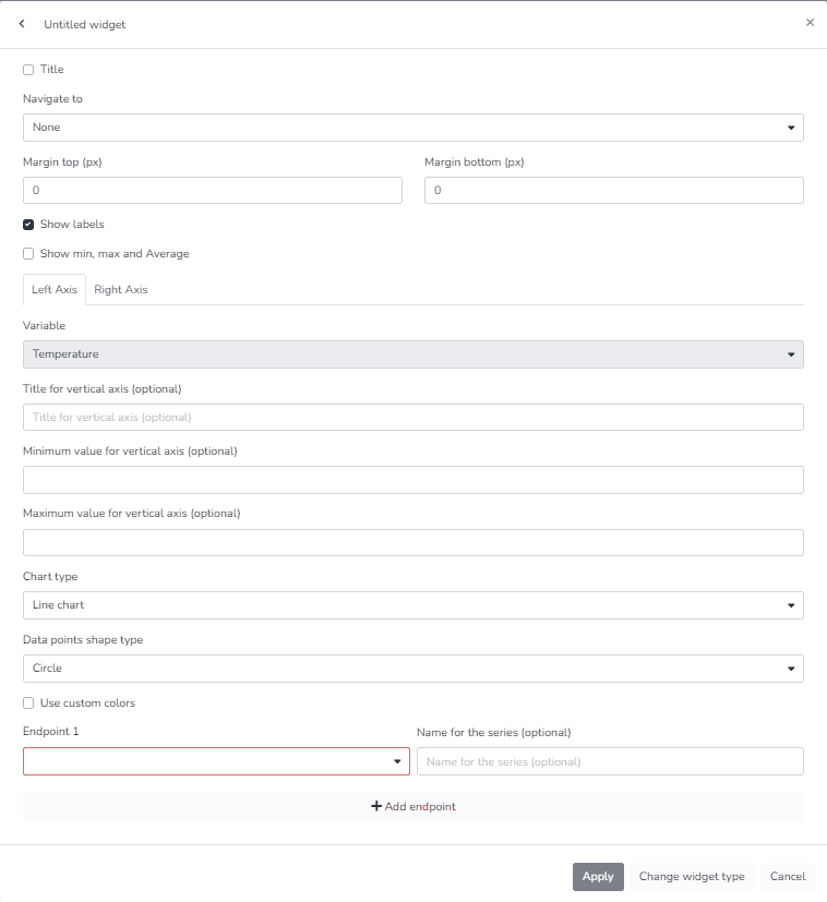 Paramètres du widget Historique comparatif des endpoints avec onglets axe gauche et axe droit