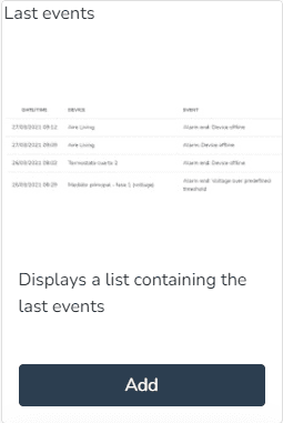 Aperçu et bouton pour ajouter le widget Derniers événements