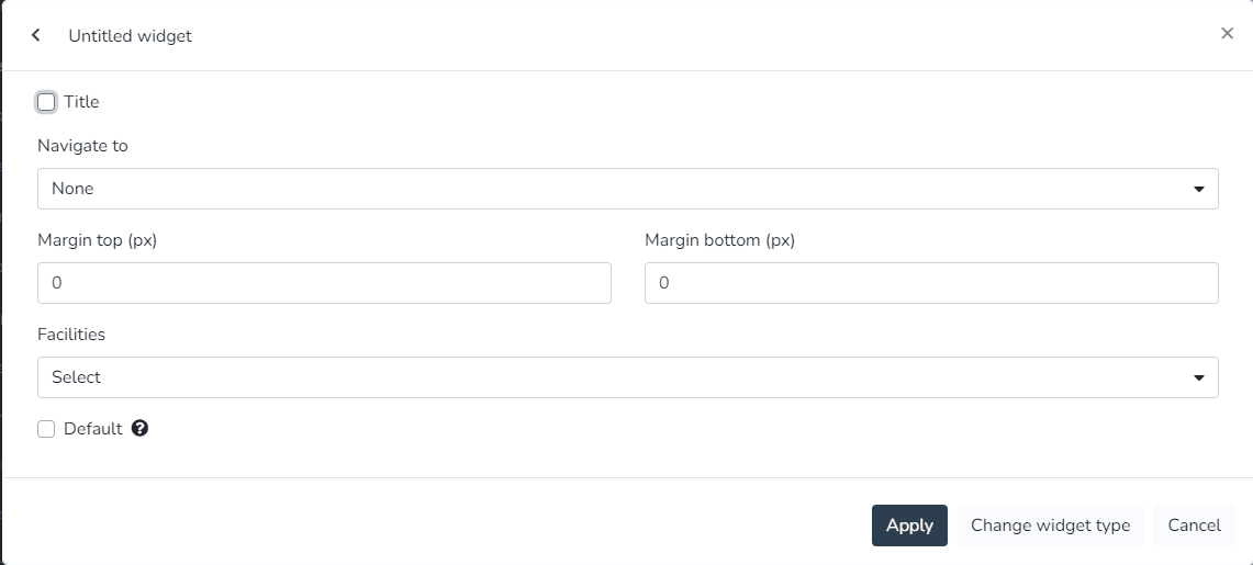 Paramètres du widget de liste des installations avec sélecteur d'installations et option par défaut