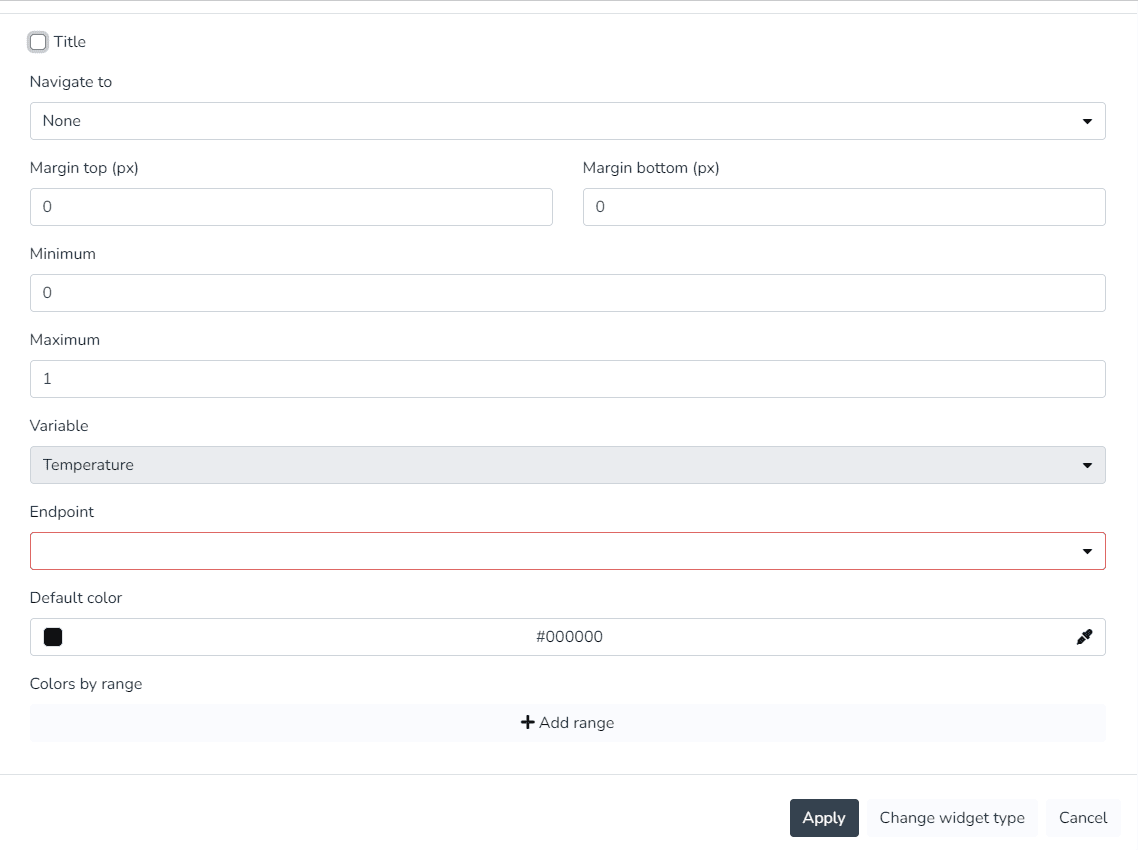 Paramètres d'un widget jauge avec minimum, maximum, variable, endpoint et couleurs par plage