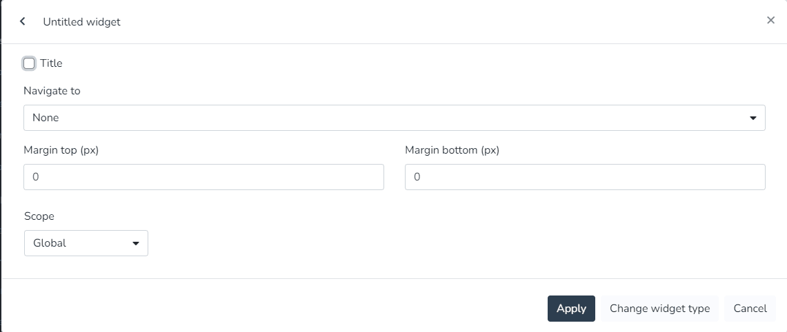 Paramètres du widget Derniers événements avec titre, navigation, marges et portée