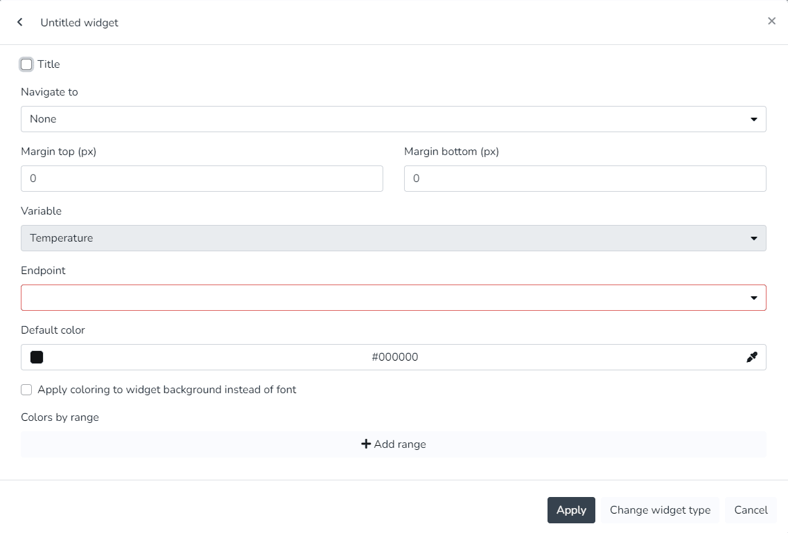 Paramètres du widget Métrique avec variable, endpoint, couleur par défaut et couleurs par plage