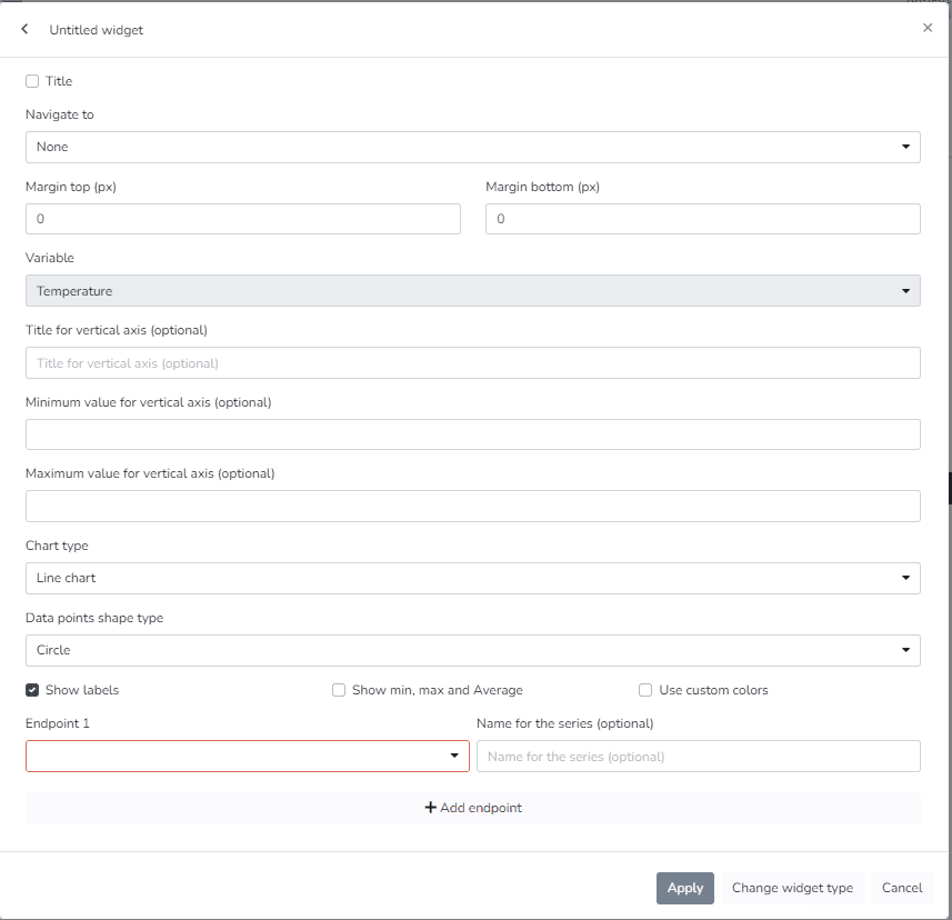 Paramètres du widget d'historique des endpoints avec variable, axe vertical, type de graphique et endpoint