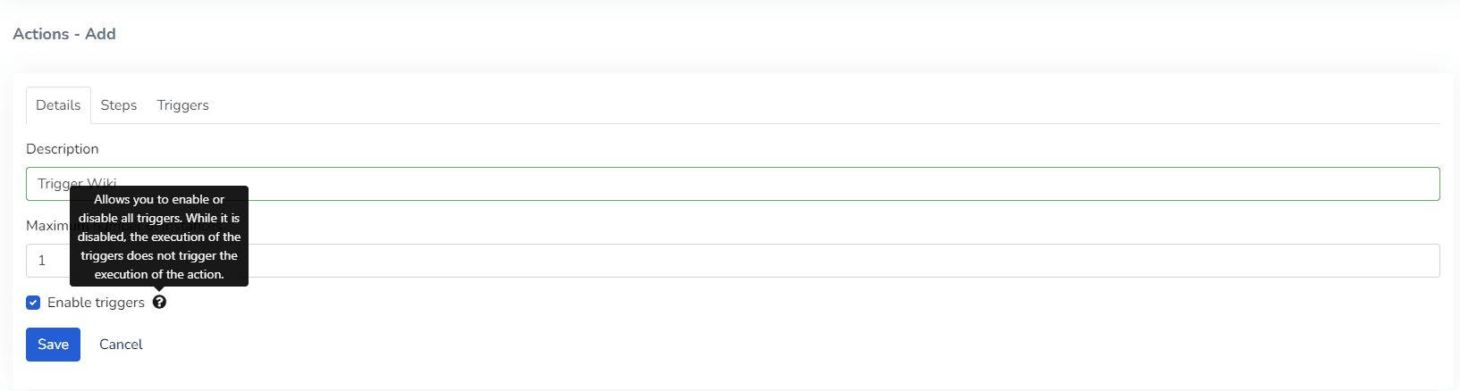 Formular für neue Aktion mit Kontrollkästchen Auslöser aktivieren und Tooltip