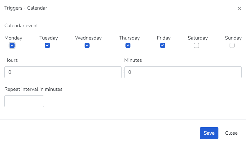 Dialog für Kalender-Auslöser mit ausgewählten Wochentagen von Montag bis Freitag