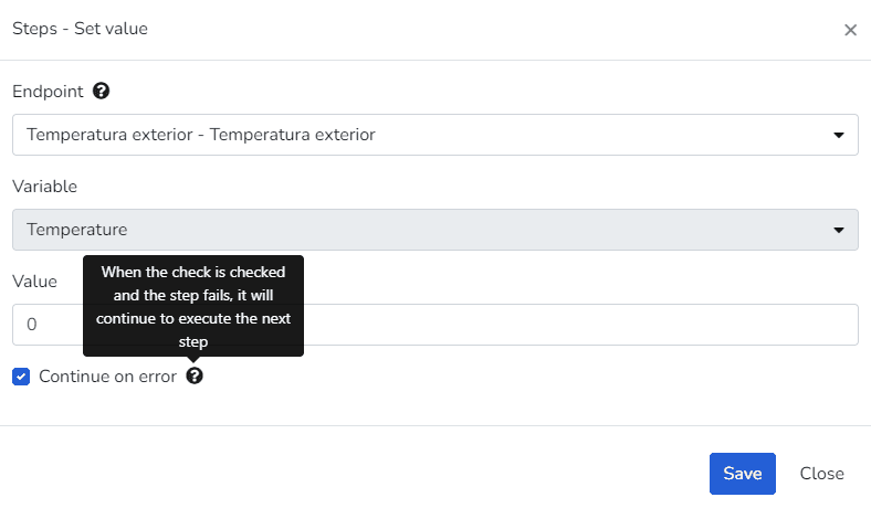 Dialog für Schritt Wert setzen mit Kontrollkästchen Bei Fehler fortfahren und Tooltip