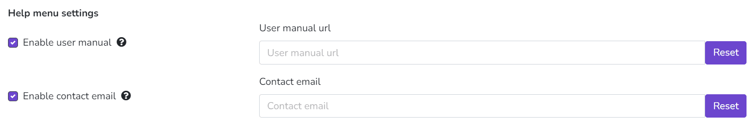 Réglages du menu d'aide avec URL du manuel, e-mail de contact et boutons Réinitialiser