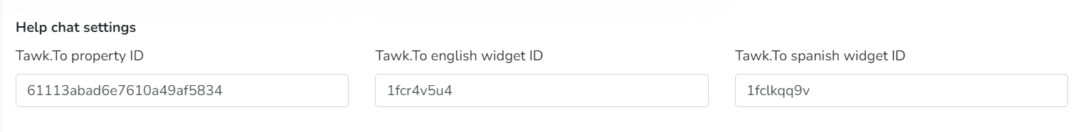 Réglages du chat d'aide avec les identifiants Tawk.to de propriété et de widgets