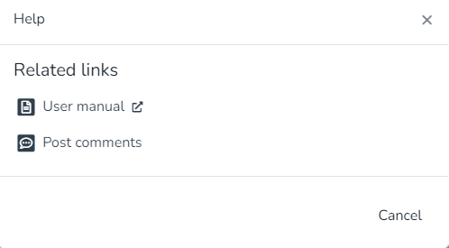 Fenêtre d'aide avec le lien vers le manuel utilisateur et l'option Envoyer des commentaires