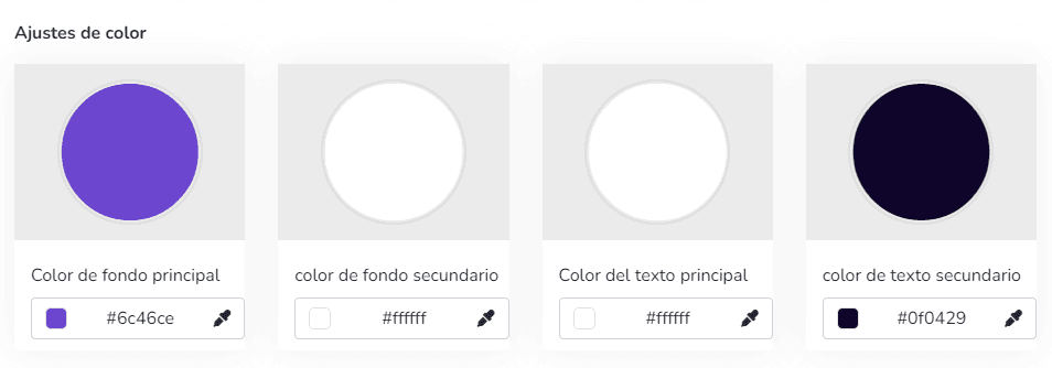Réglages de couleur avec codes hexadécimaux des fonds et textes principal et secondaire