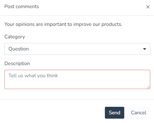 Formulaire Envoyer des commentaires avec catégorie, description et bouton Envoyer