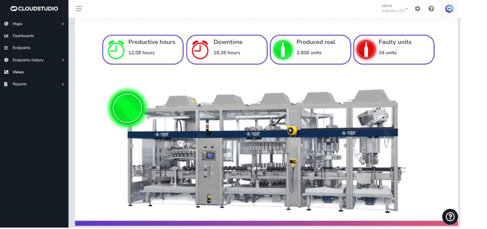 Vue SCADA d'une ligne de production avec heures productives, arrêts et unités produites