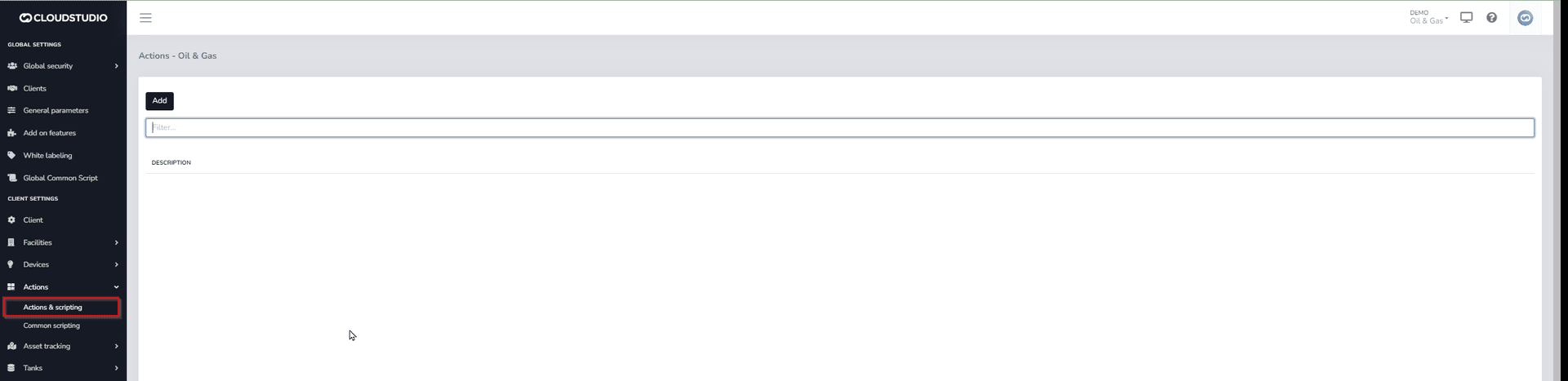 Menu latéral avec Actions et scripting mis en évidence et la liste d'actions vide