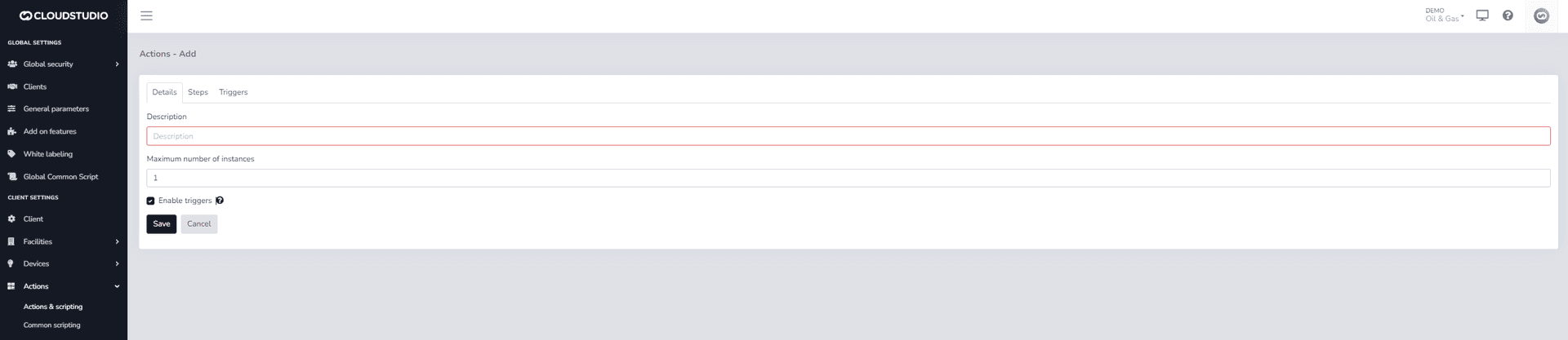 Formulaire de nouvelle action, onglet Détails, avec description et nombre maximal d'instances