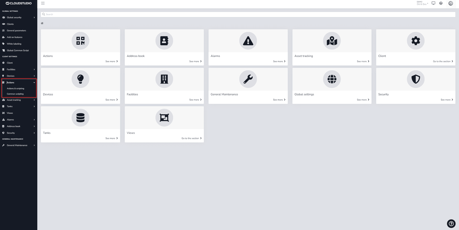 Menu latéral avec Actions déplié et mis en évidence à côté des cartes de modules