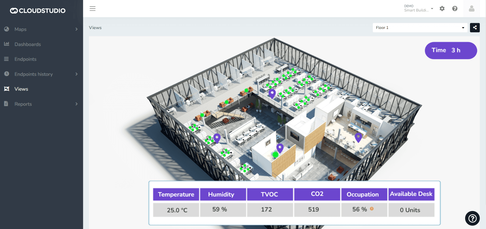 Vue SCADA 3D d'un étage de bureaux avec température, humidité, CO2 et occupation