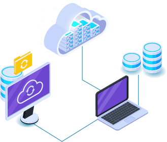 Illustration d'un cloud relié à des serveurs, des bases de données, un écran et un portable