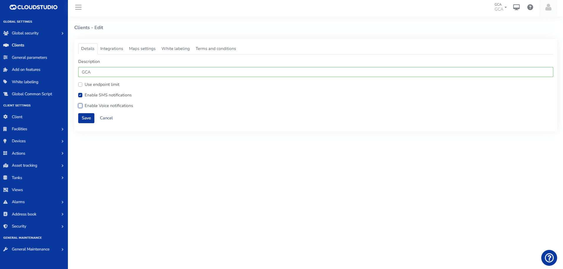 Modification du client, onglet Détails avec description, limite d'endpoints et notifications SMS et vocales