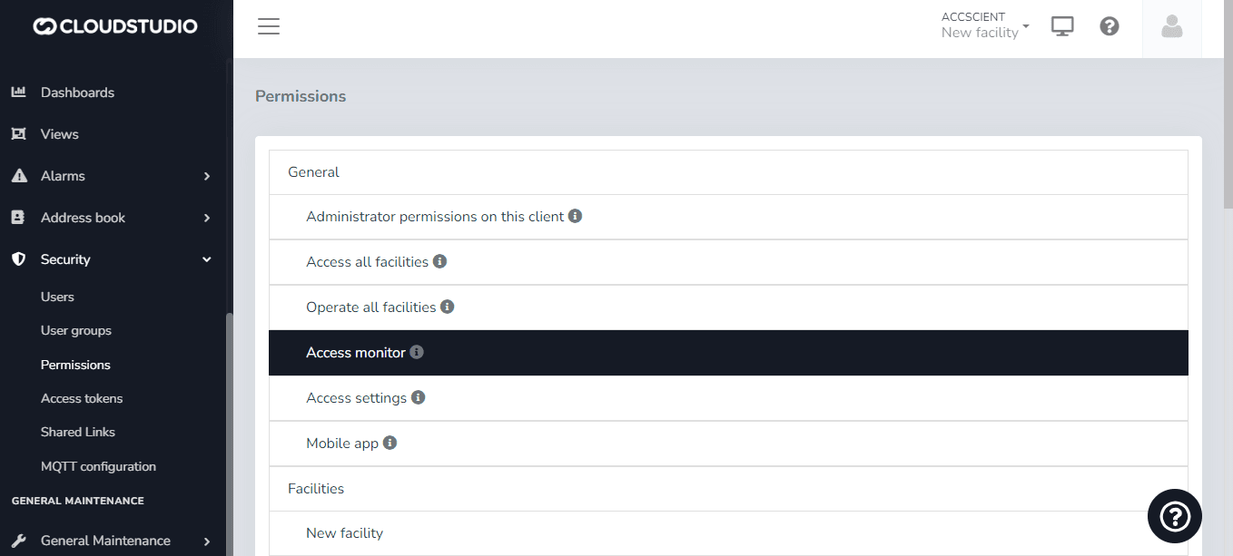 Écran des permissions avec permissions générales comme l'accès au monitor et à toutes les installations