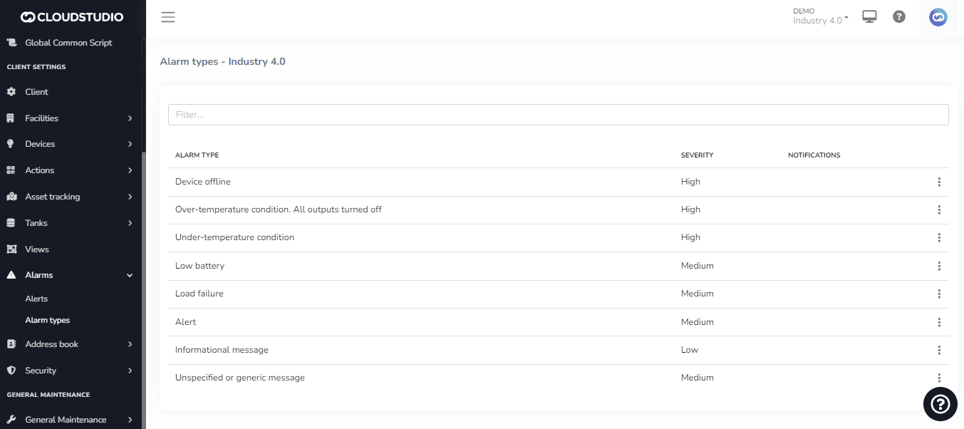 Liste des types d'alarme avec niveau de gravité et colonne des notifications