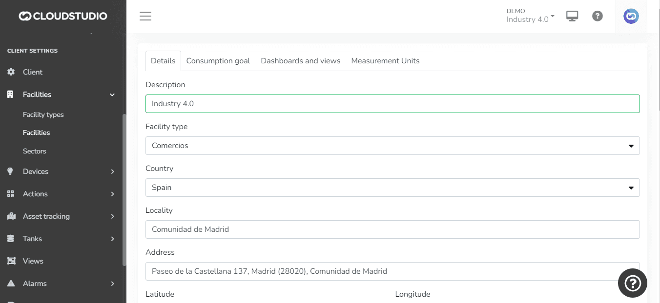 Tab Details der Anlage mit Beschreibung, Anlagentyp, Land, Ort und Adresse