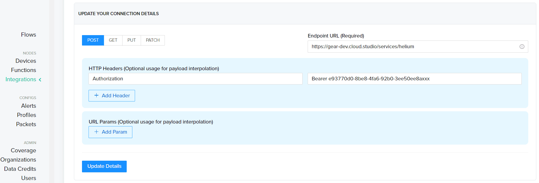 Détails de connexion de l'intégration HTTP Helium avec URL du endpoint et en-tête d'autorisation