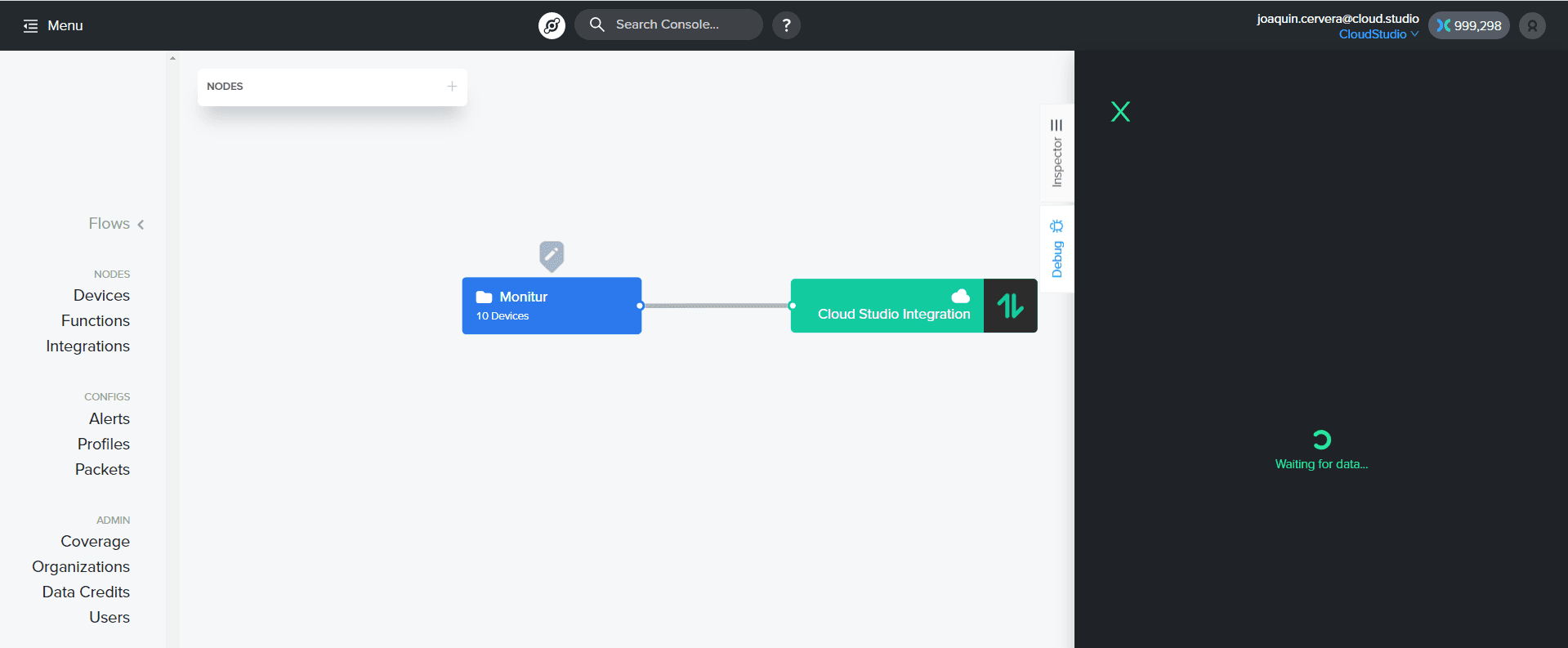 Flux Helium reliant les appareils à l'intégration, panneau Debug en attente de données